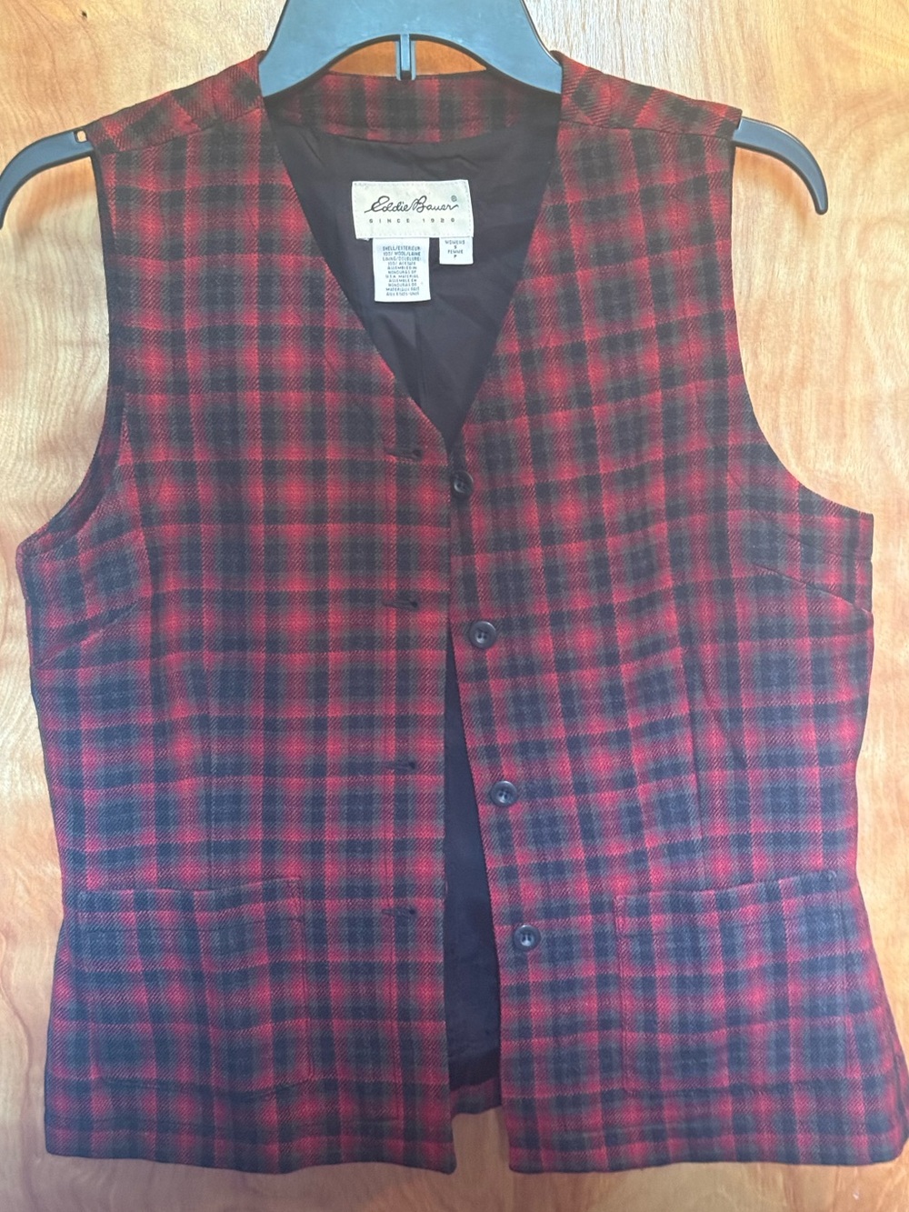 Eddie Bauer Red and Black Plaid Button Vest Womens Small fully lined.